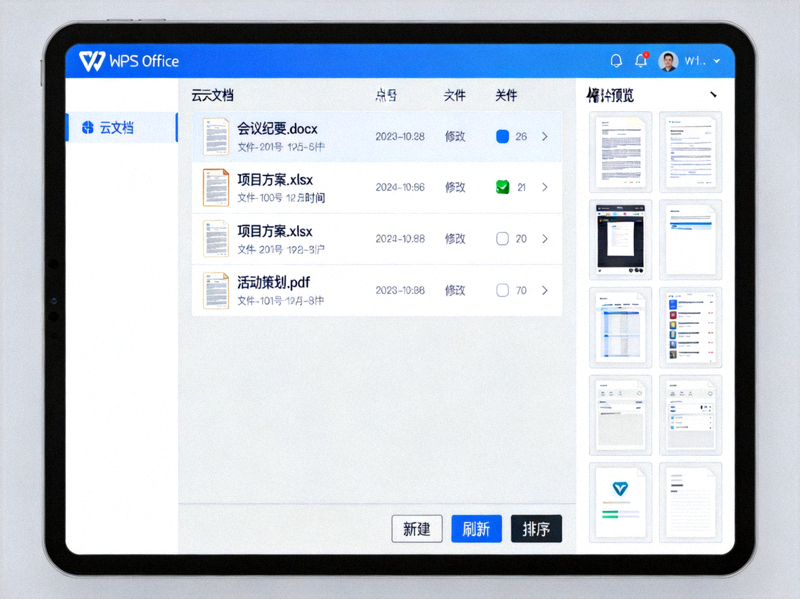 平板电脑WPS应用界面截图：展示大屏下的云文档文件浏览视图