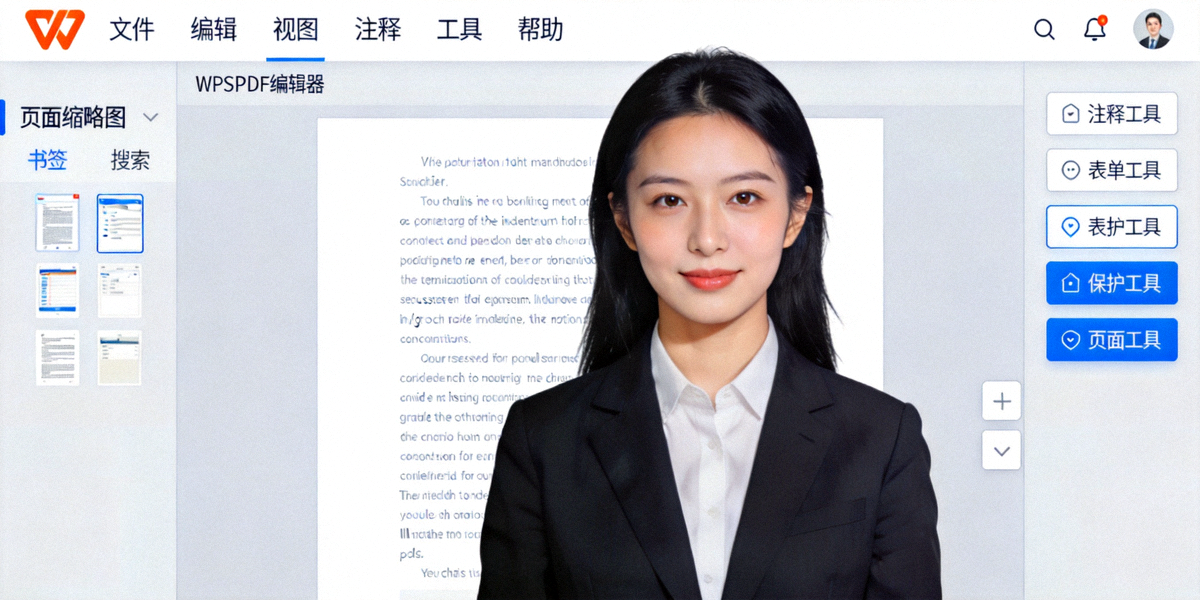 WPS PDF编辑器主界面截图：展示顶部菜单栏、左侧导航窗格、中央文档区域和右侧工具栏