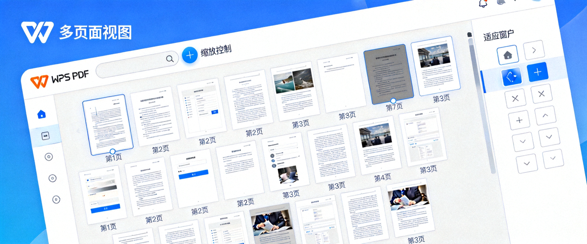 WPS PDF多页面视图与缩放控制演示：展示同时查看多个PDF页面的效果