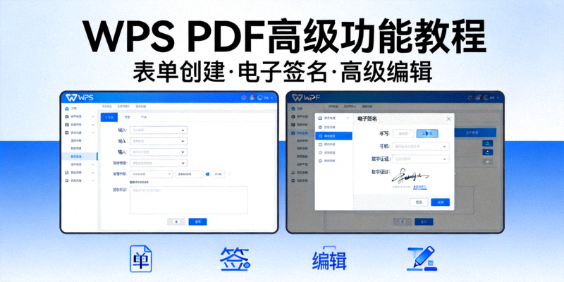 WPS PDF高级功能教程封面图：展示表单创建、电子签名等高级编辑界面