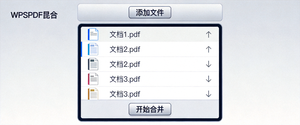 WPS PDF合并功能界面：展示添加多个PDF文件并调整顺序的操作面板