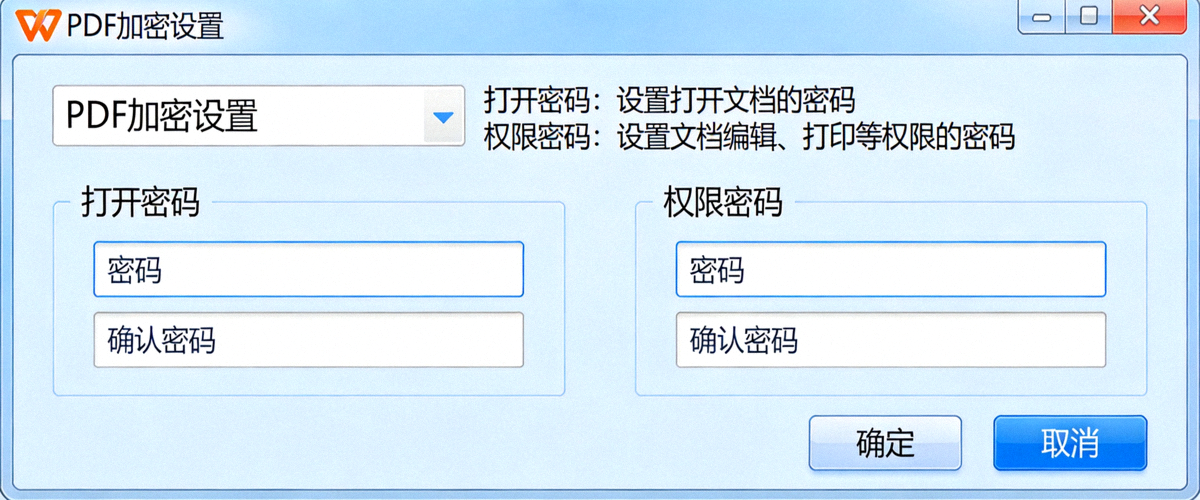 WPS PDF密码加密设置界面：展示设置打开密码和权限密码的对话框