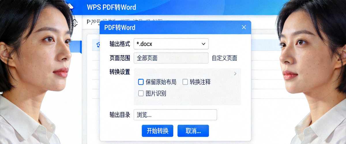 WPS PDF转换功能界面：展示将PDF转换为Word文档的选项设置面板