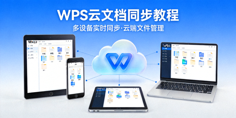 WPS云文档同步教程封面图：展示云端文件夹与多设备同步概念
